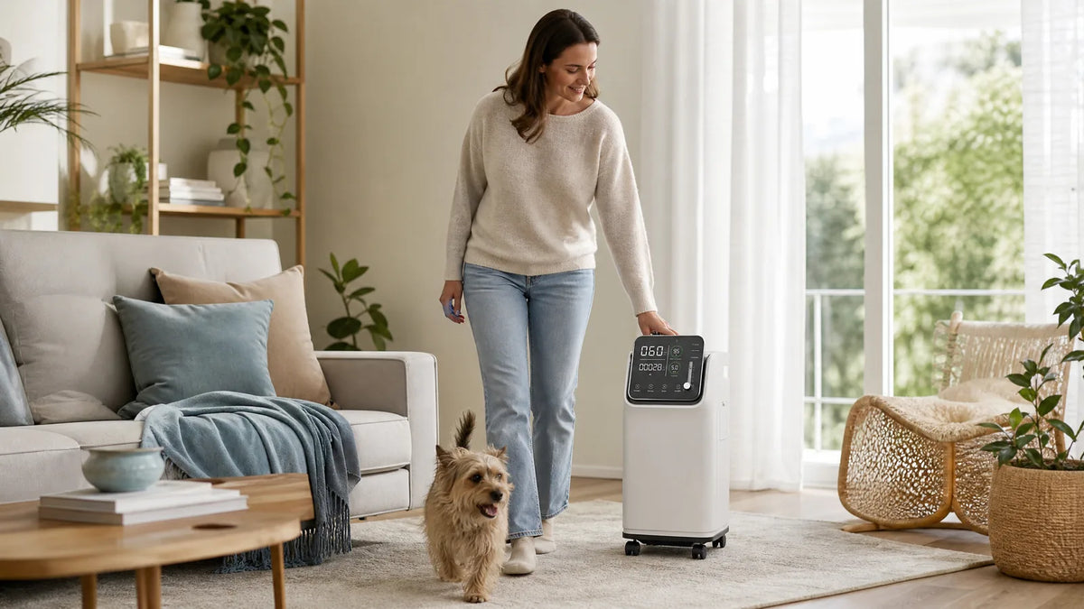 Long Breeze SH-O5 veterinary concentrator rolled on its wheels into a living room by a woman, with her terrier beside her