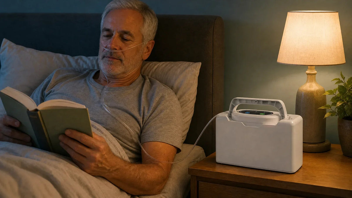 Long Breeze NT-5 33% on a bedroom nightstand, connected to the nasal cannula of a man reading in bed