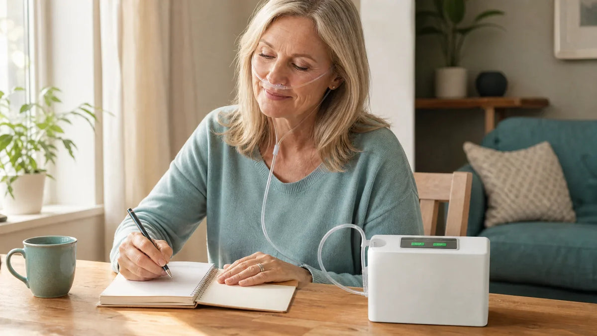 Long Breeze Lightweight 33% on a desk, connected to the nasal cannula of a woman writing notes