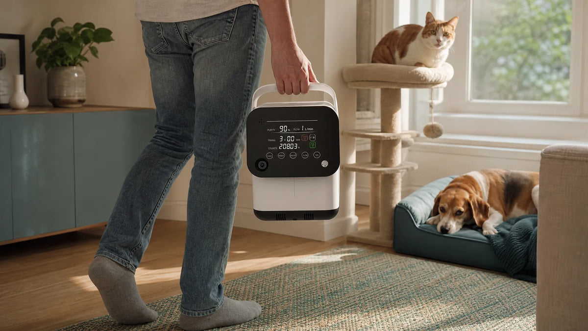 Long Breeze SH-O1 veterinary concentrator carried by its handle into a room where a cat and a beagle rest