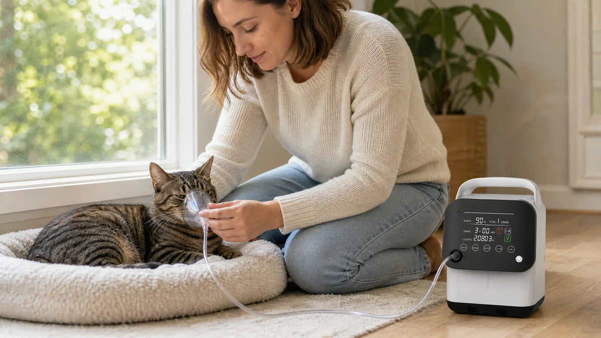 Long Breeze SH-O1 veterinary concentrator supplying a pet oxygen mask held near a tabby cat on its bed