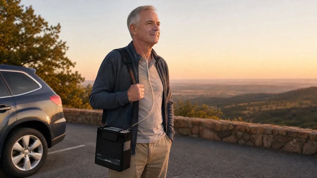 Long Breeze Battery-Powered 93% carried in its black shoulder bag by a man at a roadside overlook on a road trip
