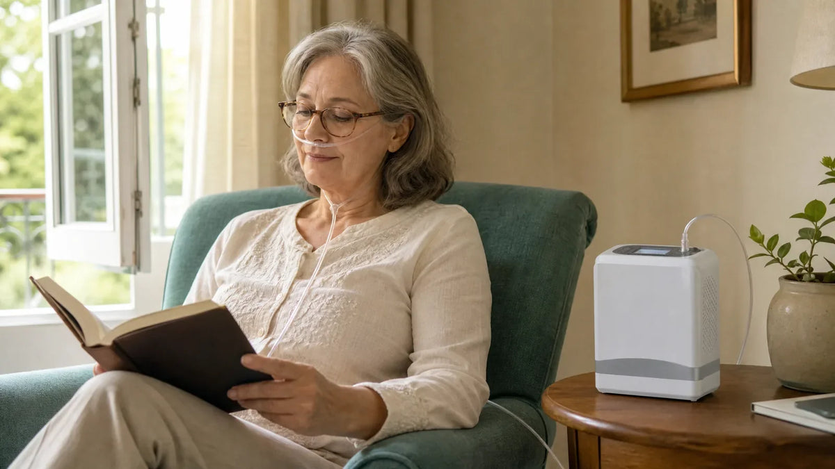 Long Breeze Battery-Powered 93% beside a woman reading in an armchair, connected to her nasal cannula